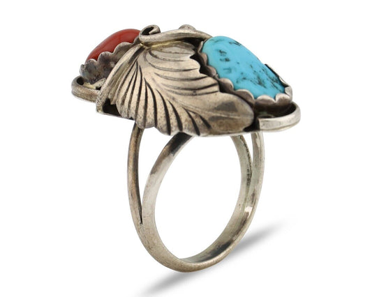 Navajo Handmade Ring 925 Silver Turquiose & Coral Artist Signed E C.80's