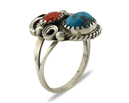 Navajo Ring .925 Silver Morenci Turquoise & Coral Native Artist Signed JM C.80's
