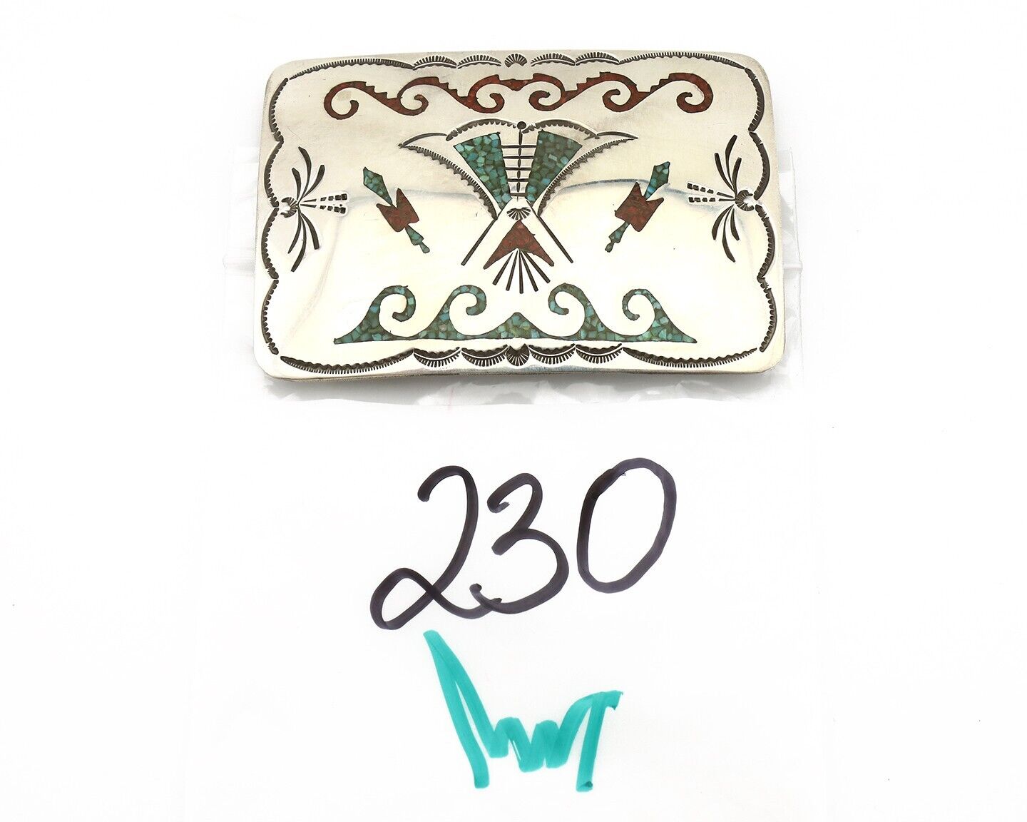 Navajo Belt Buckle .925 Silver Handmade Chip Inlay Artist Signed Bee Gay C.80's