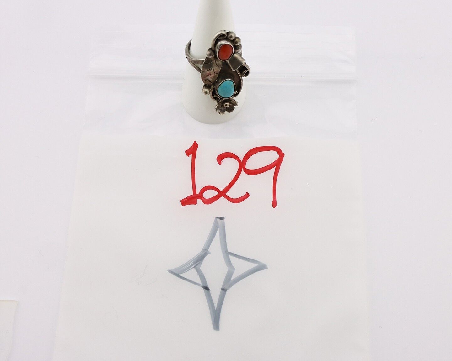 Navajo Handmade Ring 925 Silver Turquiose & Coral Artist Signed EB C.80's