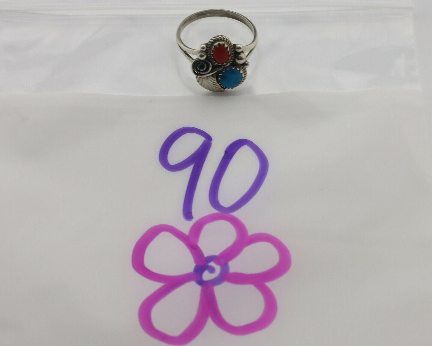 Navajo Ring .925 Silver Morenci Turquoise & Coral Native Artist Signed JM C.80's