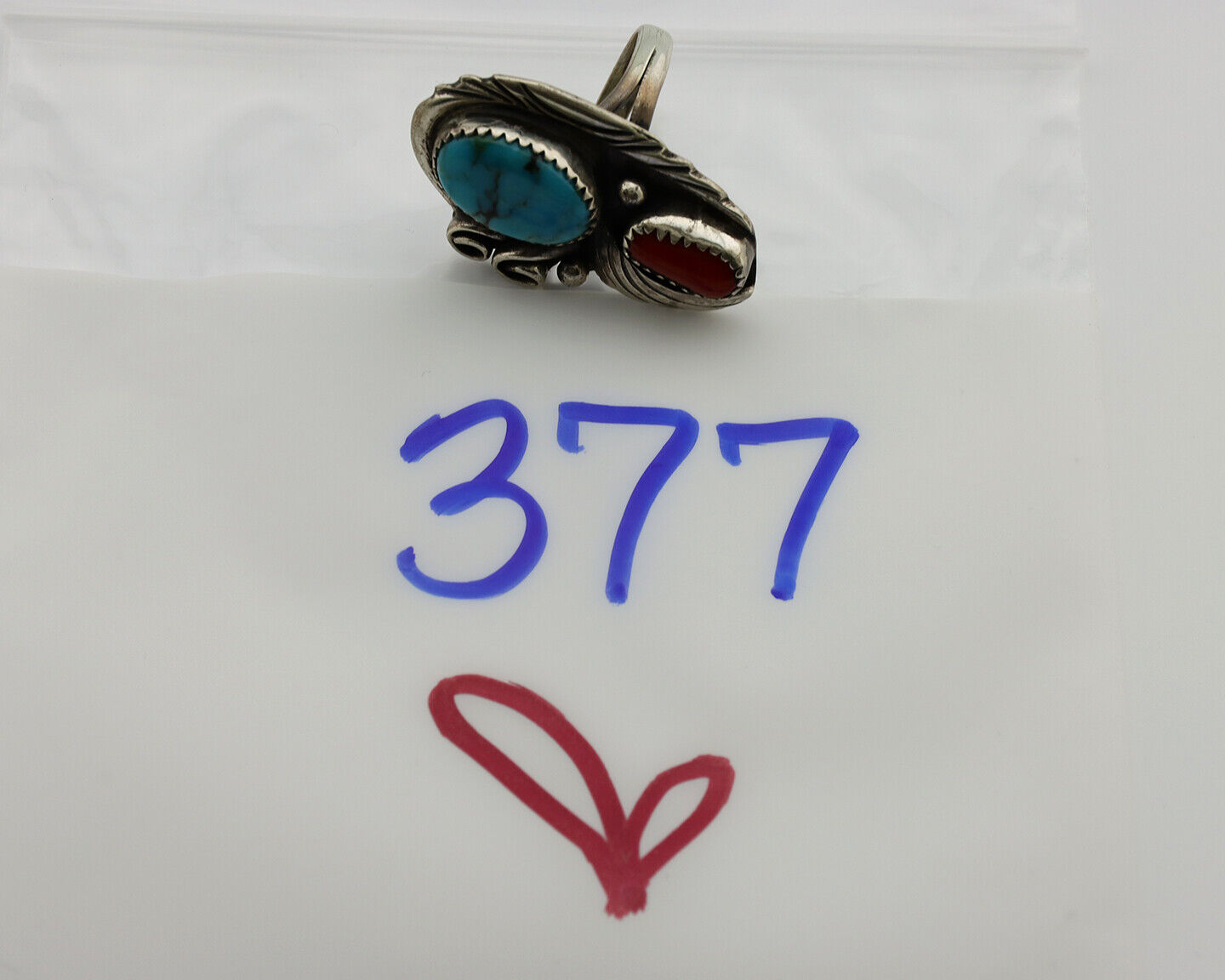 Navajo Ring 925 Silver Turquoise & Coral Artist Signed Native American C.80s