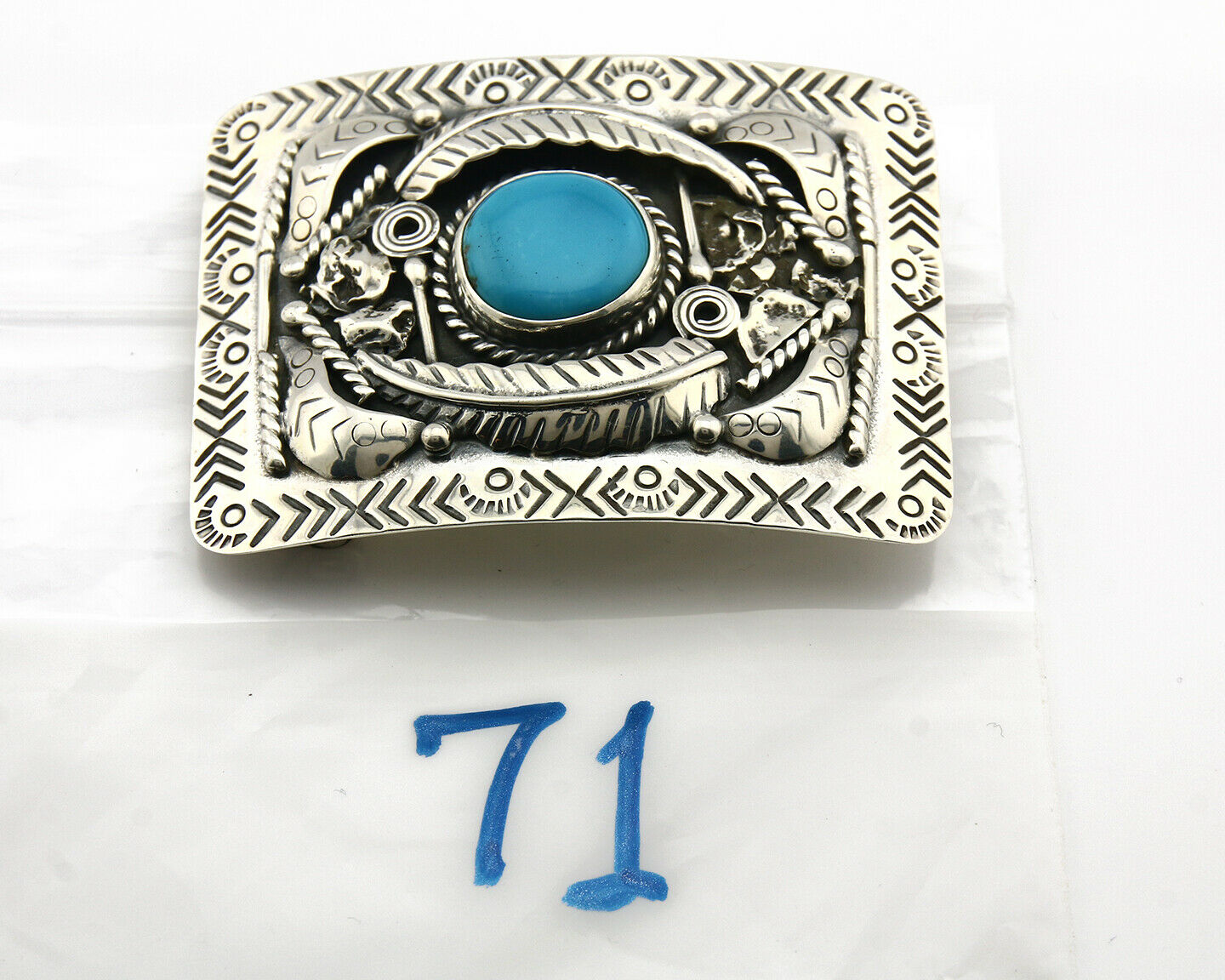 Navajo Belt Buckle .925 Silver Turquoise Mountain Artist Signed Tipi C.80's