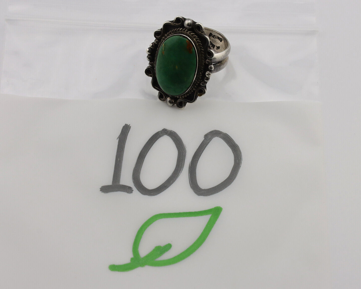 Navajo Ring .925 Silver Green Turquoise Signed By Native C.1980's