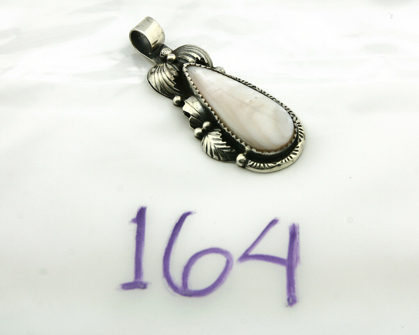 Navajo Pendant .925 Silver Real Natural Pink Mussel Signed Yazzie C.80's