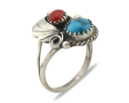 Navajo Ring .925 Silver Morenci Turquoise & Coral Native Artist Signed JM C.80's