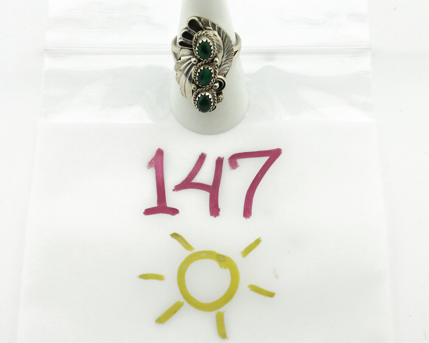 Navajo Ring 925 Silver Natural Green Malachite Signed Justin Morris C.80's
