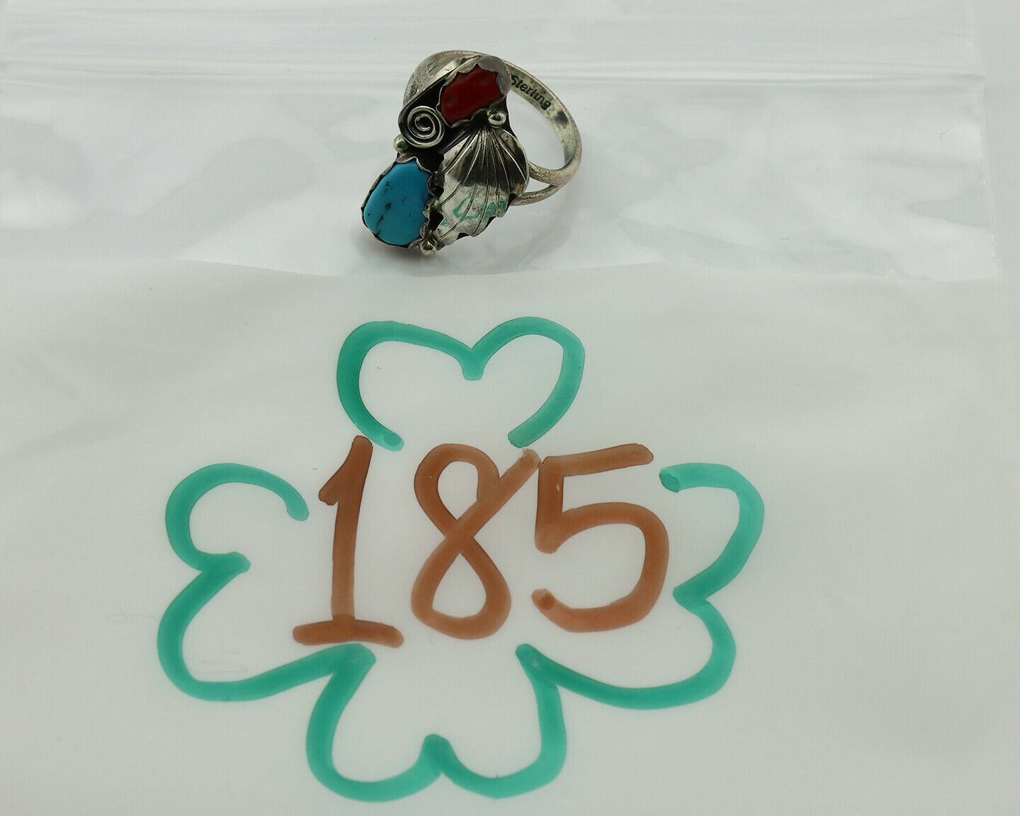 Navajo Ring .925 Silver Turquoise & Coral Native American Artist C.1980's