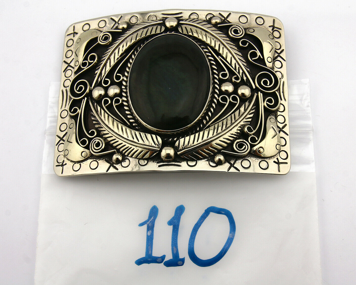 Navajo Handmade Belt Buckle .999 Nickle Silver Chromite Artist Signed Tipi C80's