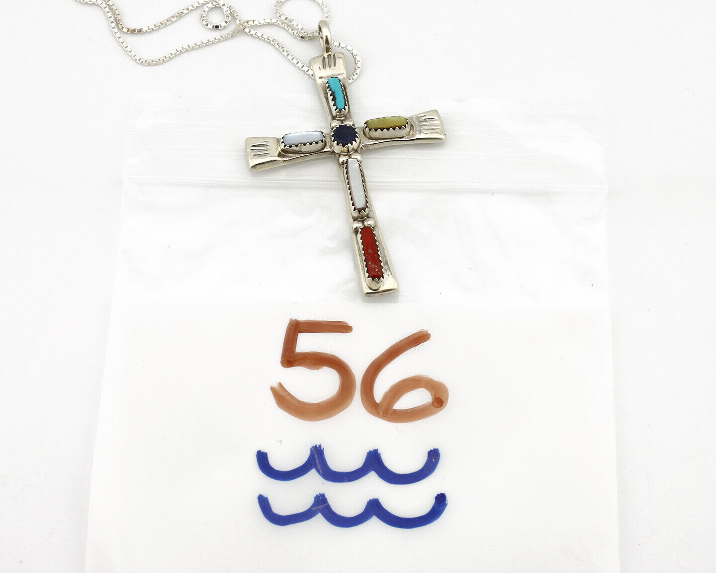 Zuni Handmade Cross Necklace 925 Silver Natural Gemstone Signed C. IULE C.80's