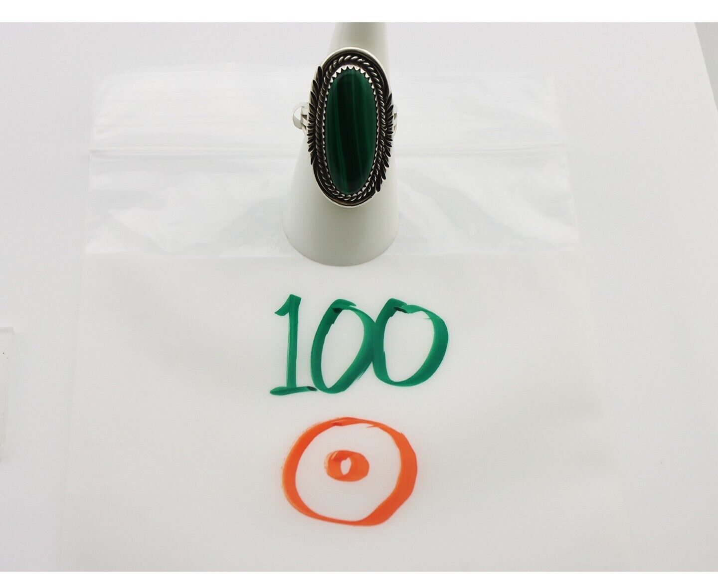 Navajo Ring .925 Silver Malachite Hand Stamped Signed William Denetdale C.80's
