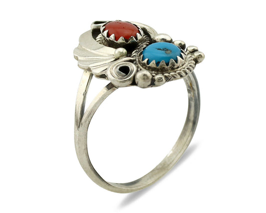 Navajo Ring .925 Silver Morenci Turquoise & Coral Native Artist Signed JM C.80's