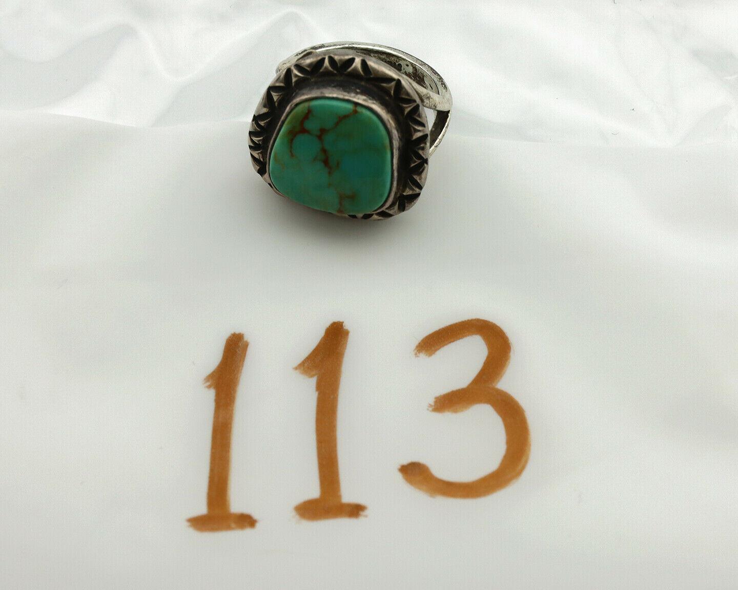 Navajo Ring .925 Silver Kingman Turquoise Artist Signed Gecko C.1980's