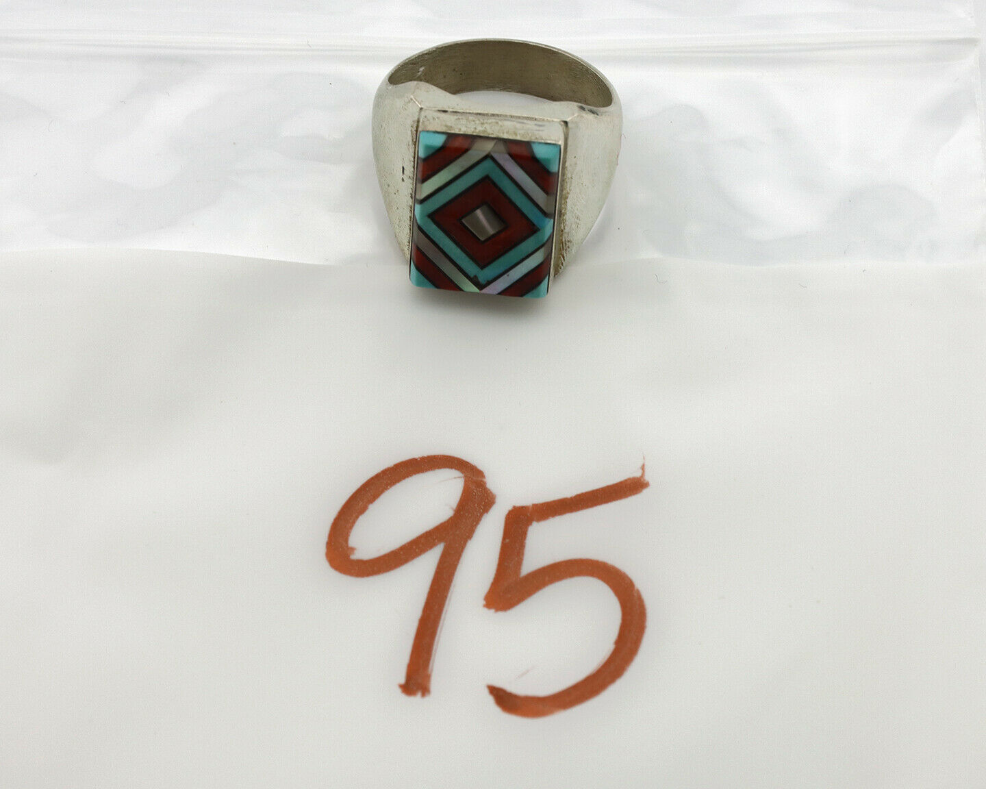 Zuni Inlaid Ring .925 Silver Gemstone Artist Varden Vacit C.1980's
