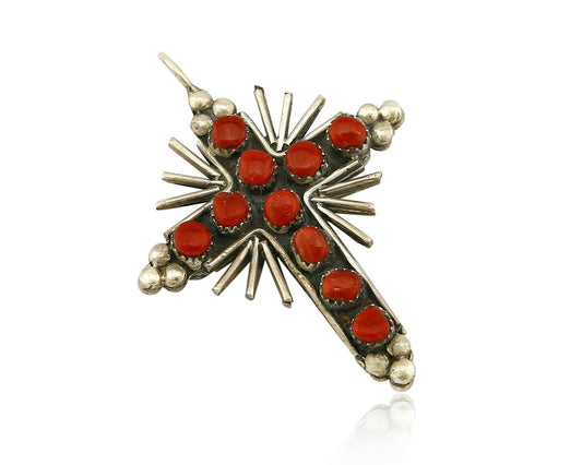 Zuni REAL Turquoise and Coral Reversible 925 Silver Handmade Cross Pendant