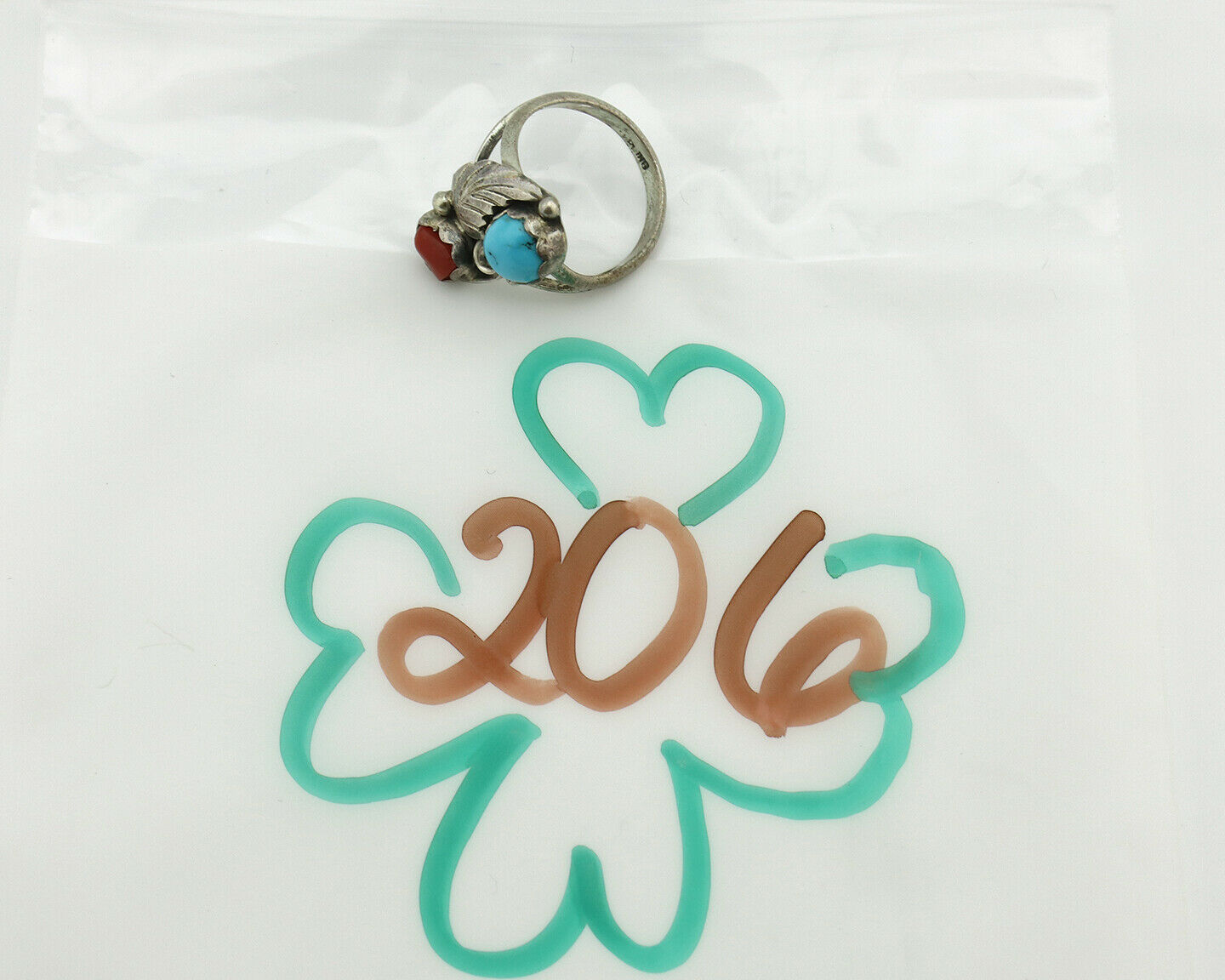 Navajo Ring .925 Silver Turquoise & Coral Native American Artist C.1980's