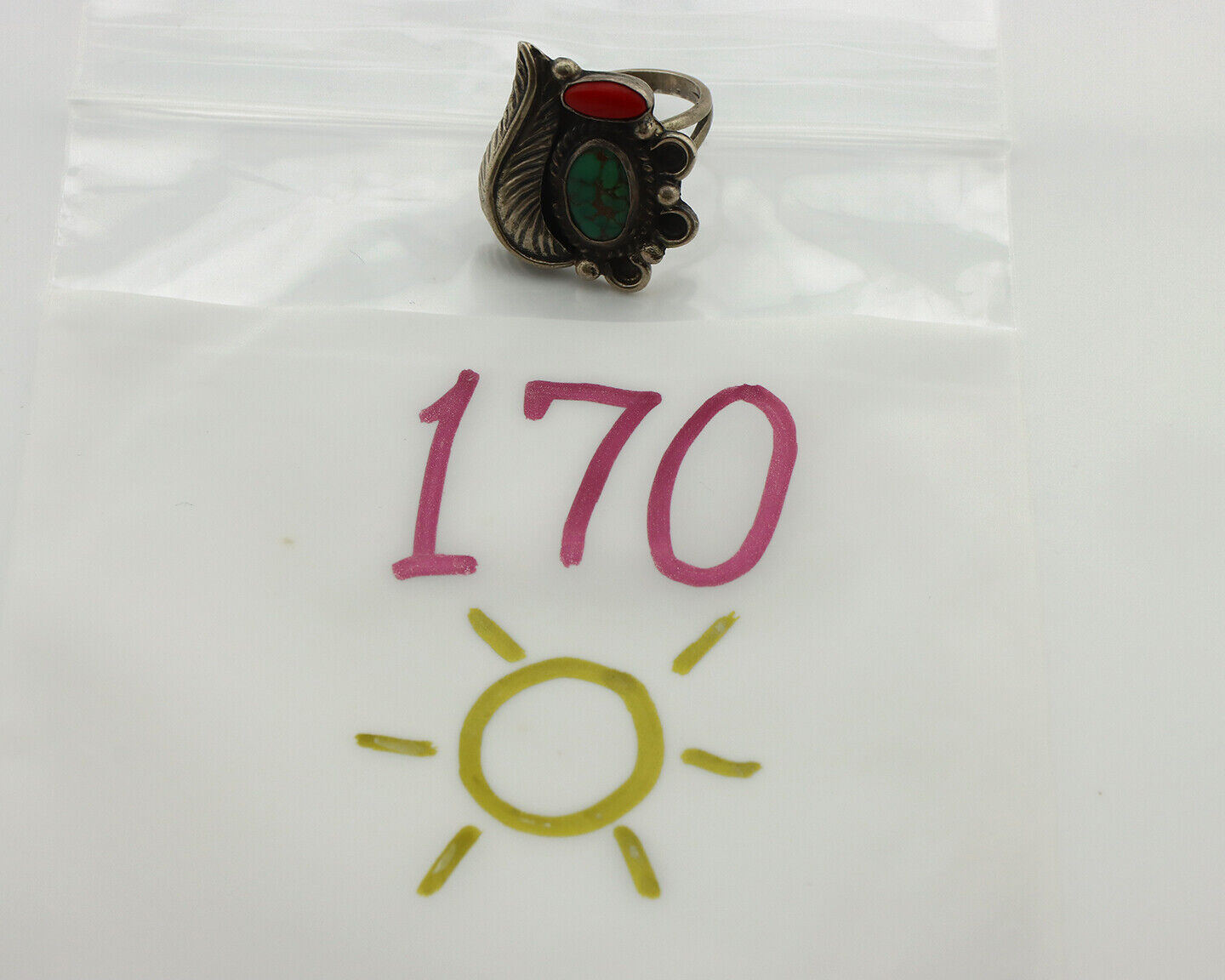 Navajo Ring 925 Silver Turquoise & Bloodstone Native Artist C.1980's
