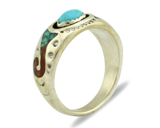 Navajo Handmade Ring 925 Silver Blue Turquoise & Coral Native American C.80's