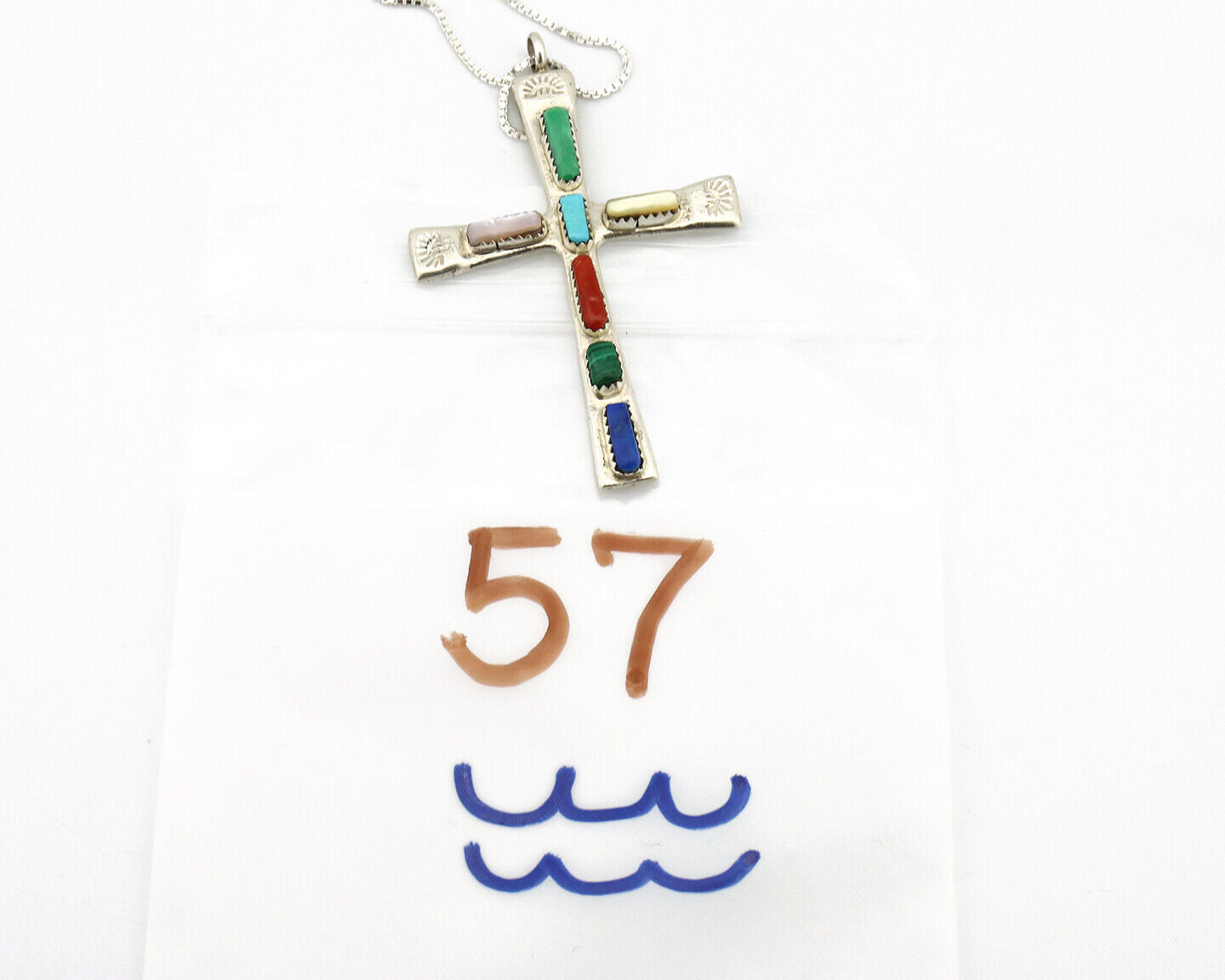 Zuni Handmade Cross Necklace 925 Silver Natural Gemstone Signed W. IULE C.80's