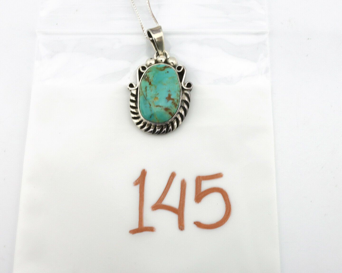 Navajo Kingman Turquoise Pendant .925 Silver Hand Stamped Signed Gecko C.80's