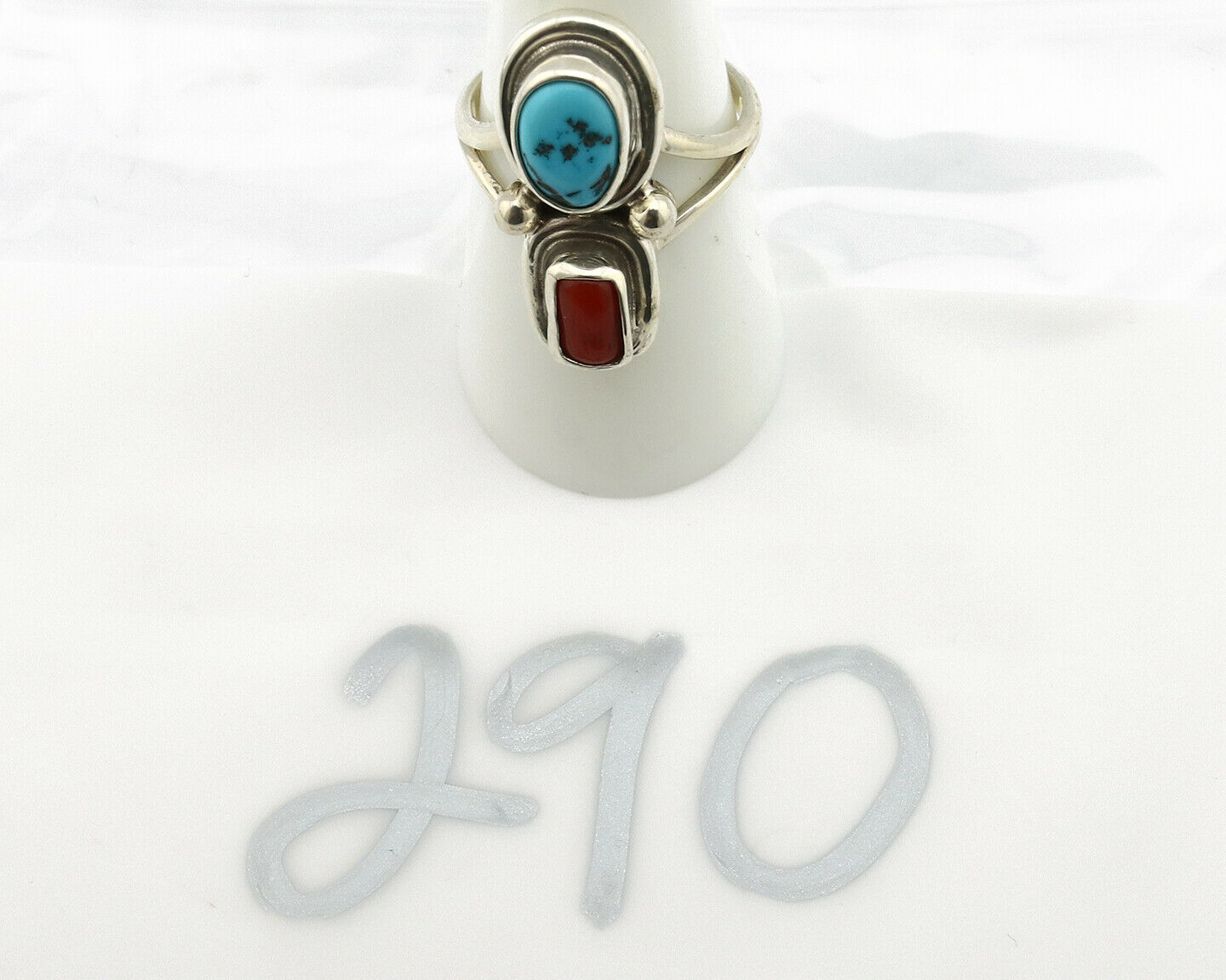 Navajo Ring .925 Silver Blue Turquoise & Red Coral Native American Artist C.80's