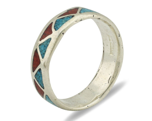 Navajo Ring 925 Silver Natural Turquoise & Coral Native American Artist C.80's