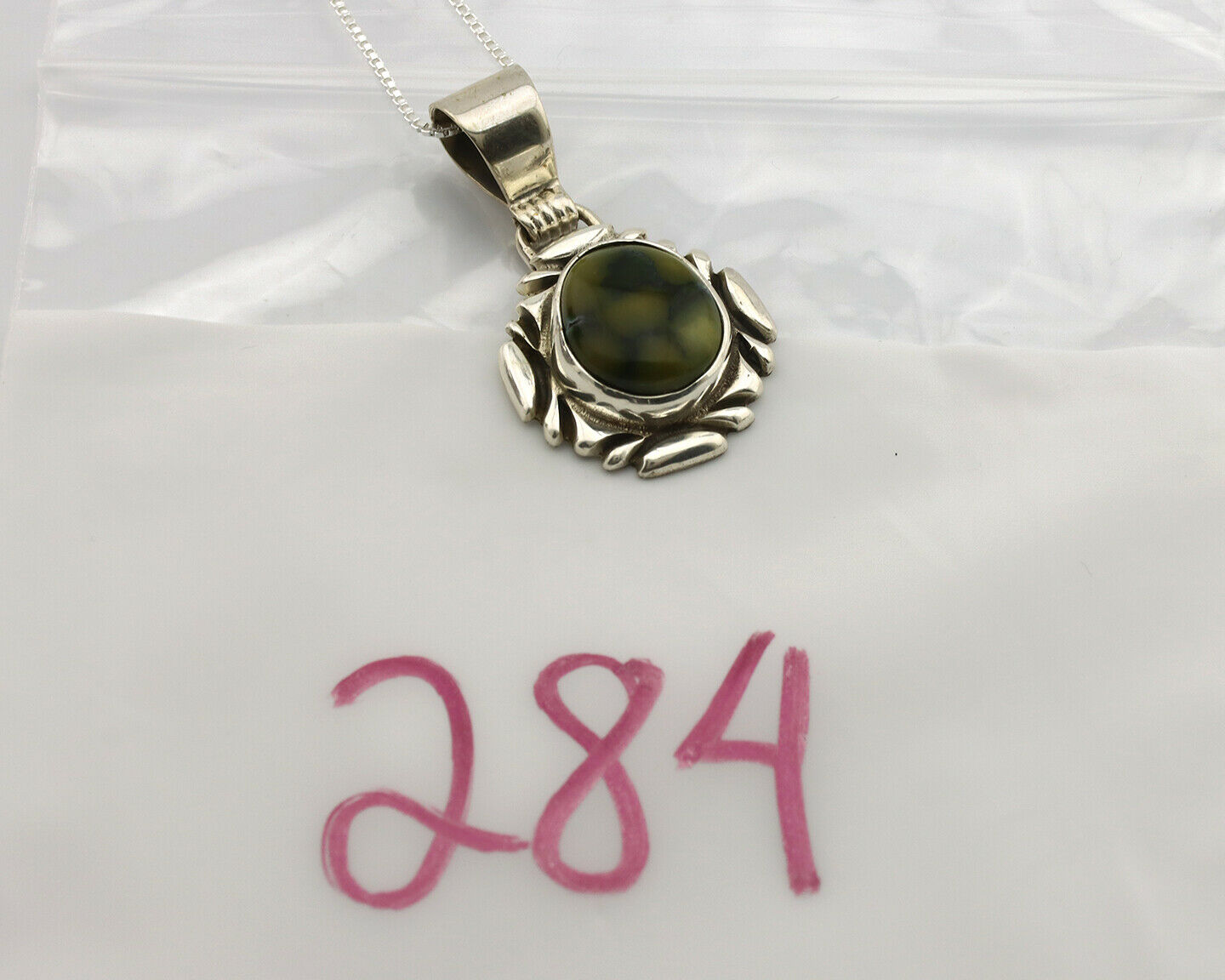 Navajo Necklace .925 Silver Damele Variscite Signed Sun C.1980's