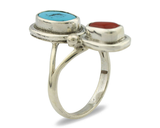 Navajo Ring .925 Silver Blue Turquoise & Red Coral Native American Artist C.80's