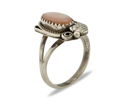 Navajo Ring .925 Silver Natural Pink Mussel Artist Signed Justin Morris C.80's