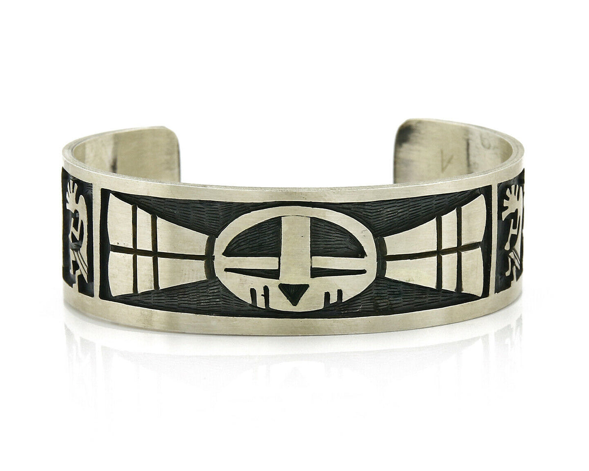 Hopi Bracelet .925 Silver Handmade Kokopelli Corn Sun Overlay Cuff