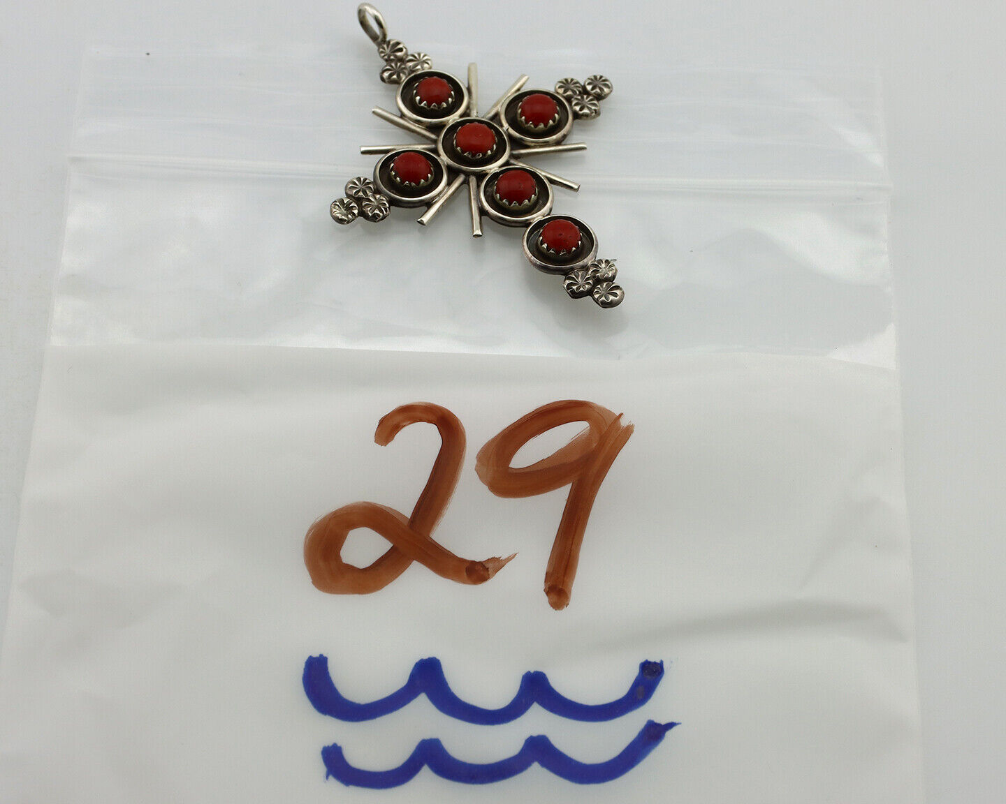 Zuni Handmade Cross Necklace 925 Silver Red Coral Artist Signed NOM? C.80's