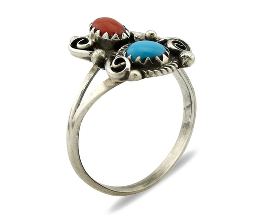 Navajo Ring .925 Silver Morenci Turquoise & Coral Native Artist Signed JM C.80's