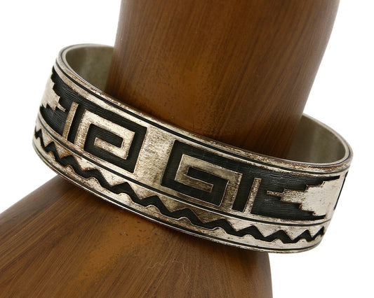 Hopi Bracelet .925 Silver Hand Stamped Overlay Signed RY C.80's