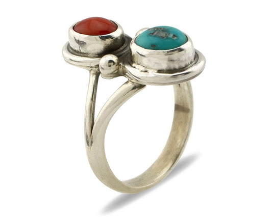 Navajo Handmade Ring 925 Silver Coral & Turquoise Native American Artist C.80's