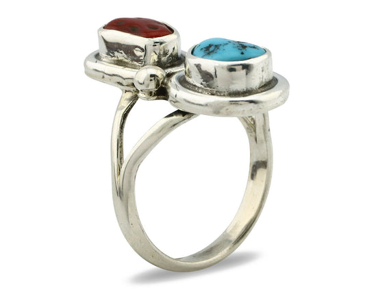 Navajo Ring .925 Silver Red Coral & Blue Turquoise Native Artist C.80's