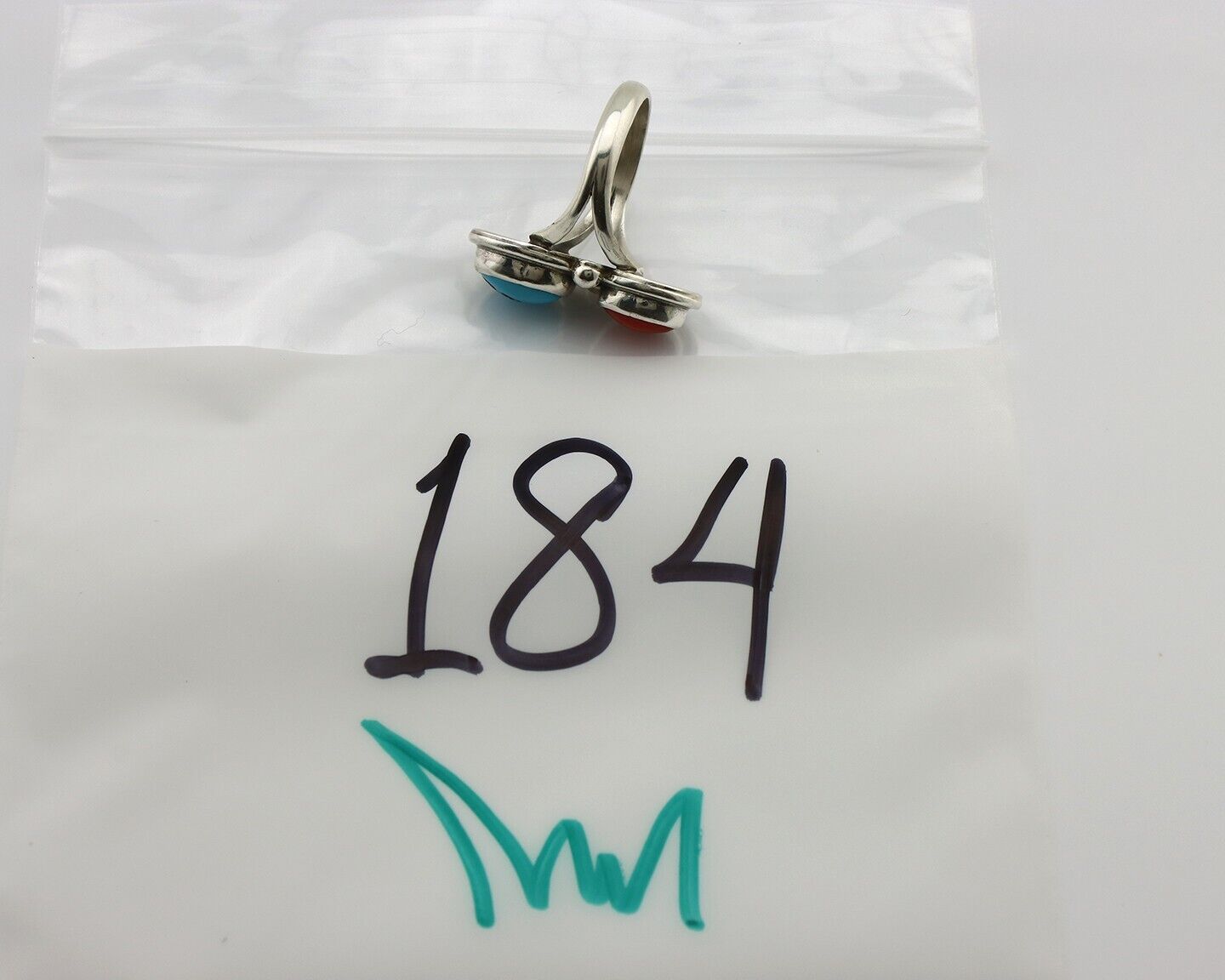 Navajo Handmade Ring 925 Silver Coral & Turquoise Native American Artist C.80's