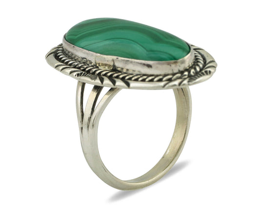 Navajo Ring 925 Silver Natural Green Malachite Signed William Denetdale C.80's