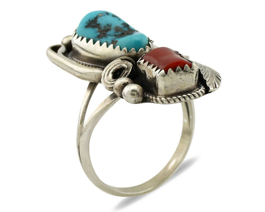 Navajo Ring .925 Silver Turquoise & Coral Artist Signed J Morris C.80's