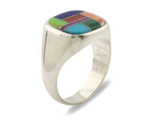 Navajo Inlaid Ring .925 Silver Gemstone Artist Native American C.1980's