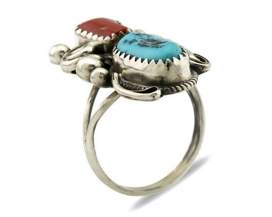 Navajo Ring .925 Silver Turquoise & Coral Artist Signed J Morris C.80's