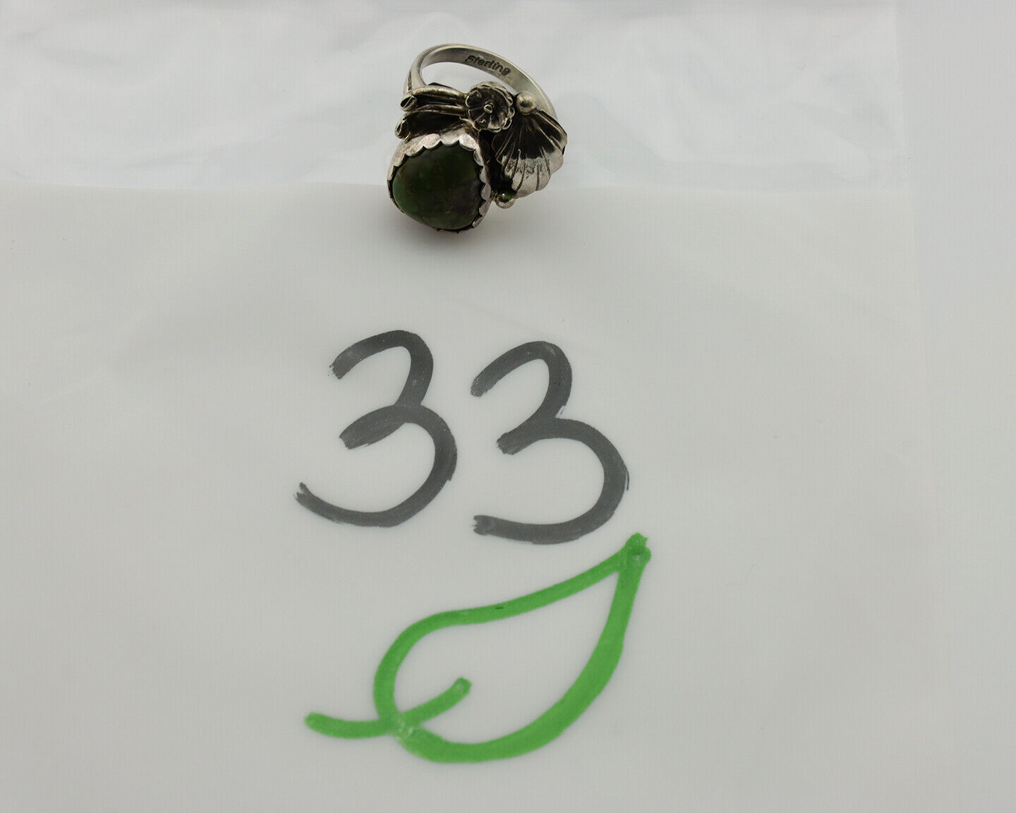 Navajo Ring .925 Silver Army Green Turquoise Native American Artist C.1980's