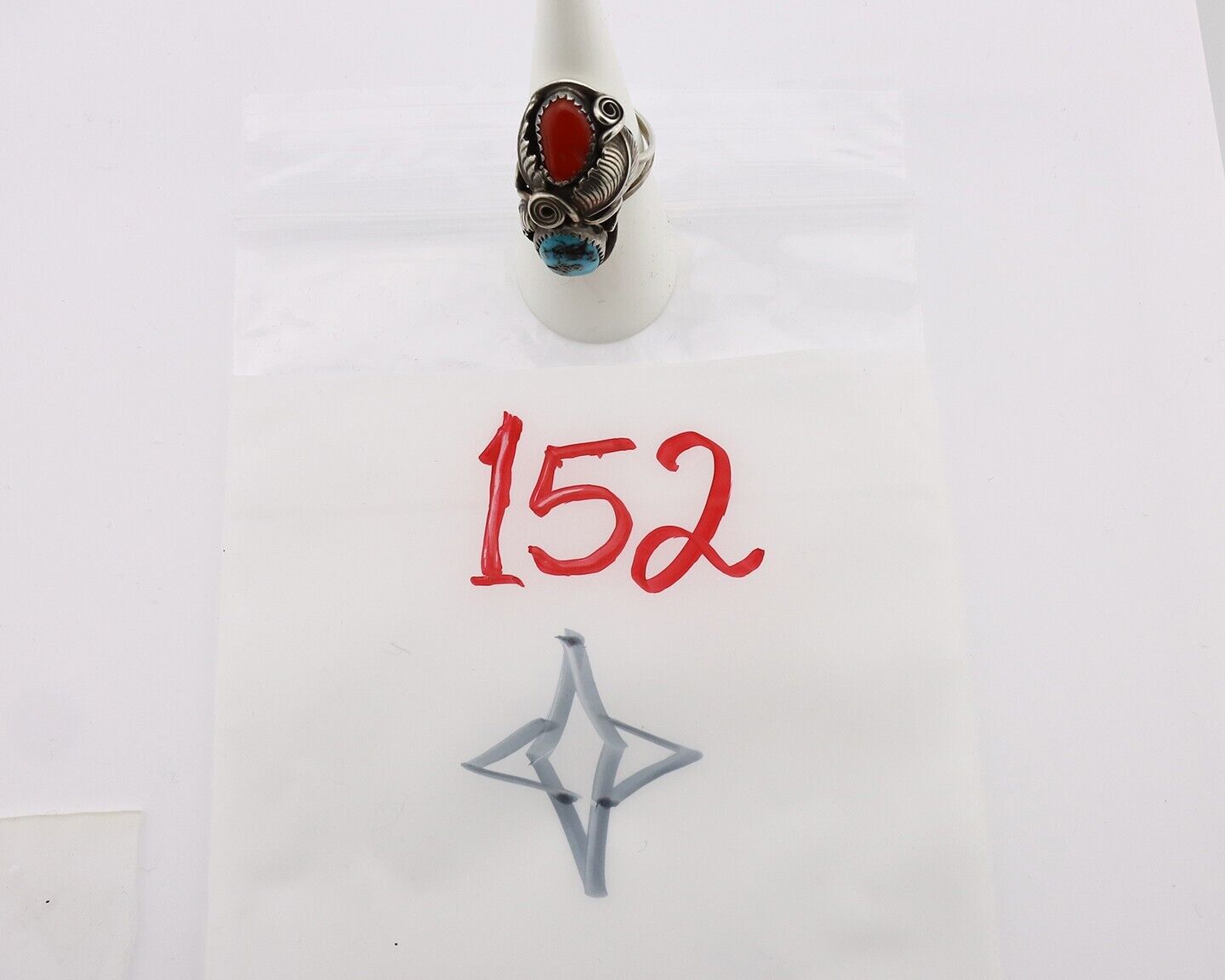 Navajo Handmade Ring 925 Silver Turquiose & Coral Artist Signed MP C.80's