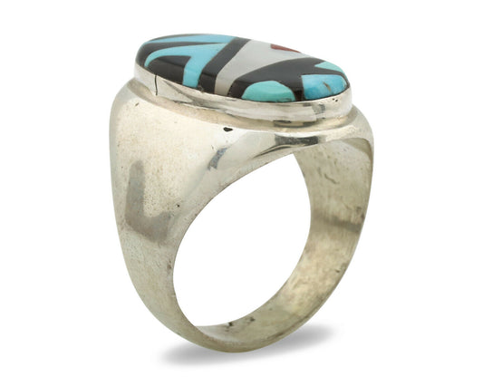 Zuni Inlaid Ring .925 Silver Gemstone Artist Richard & Geneva Terraza C.1980's