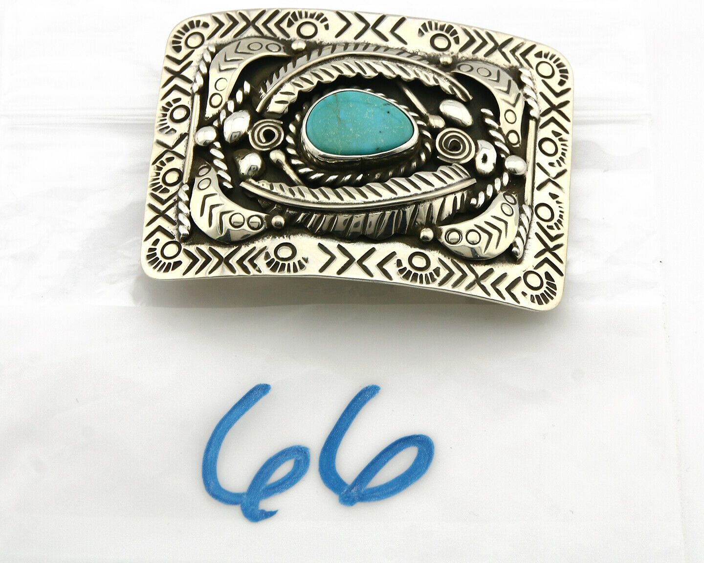 Navajo Belt Buckle .925 Silver Morenci Turquoise Artist Signed Tipi C.80's