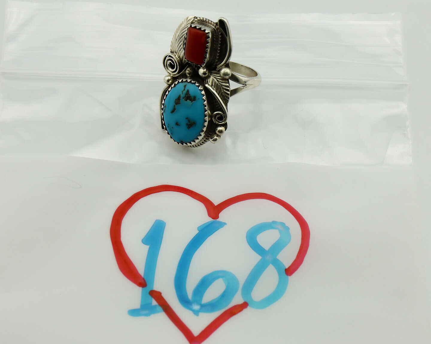 Navajo Ring .925 Silver Turquoise & Coral Artist Signed Justin Morris C.1980's