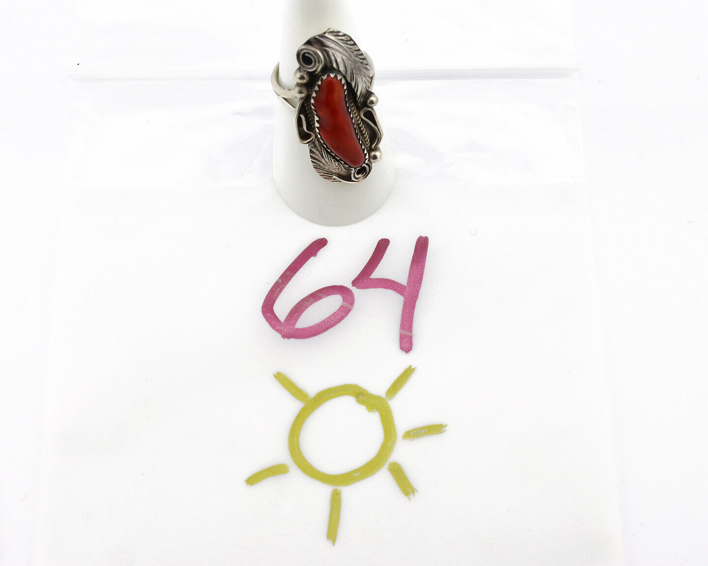 Navajo Ring 925 Silver Mediterranean Coral Artist Signed Justin Morris C.80's