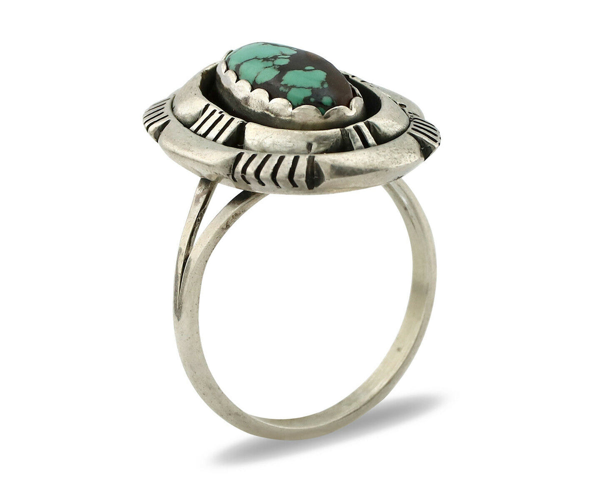 Navajo Ring .925 Silver Spiderweb Turquoise Artist Signed L. M. Nez C80s