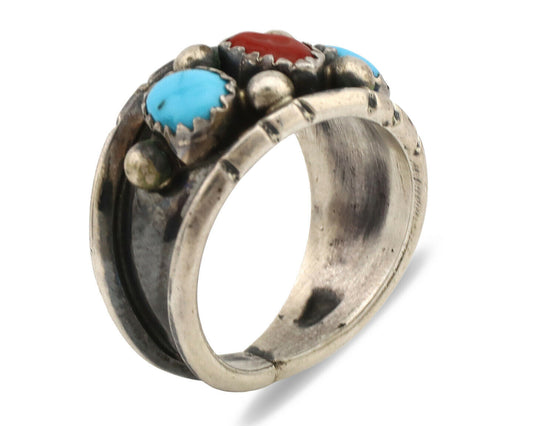 Navajo Ring .925 Silver Natural Blue Turquoise & Red Coral Native C.1980's