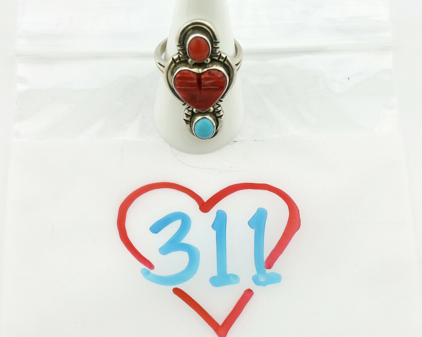Navajo Ring .925 Silver Natural Coral & Turquoise Signed Carrol Felley C.80's