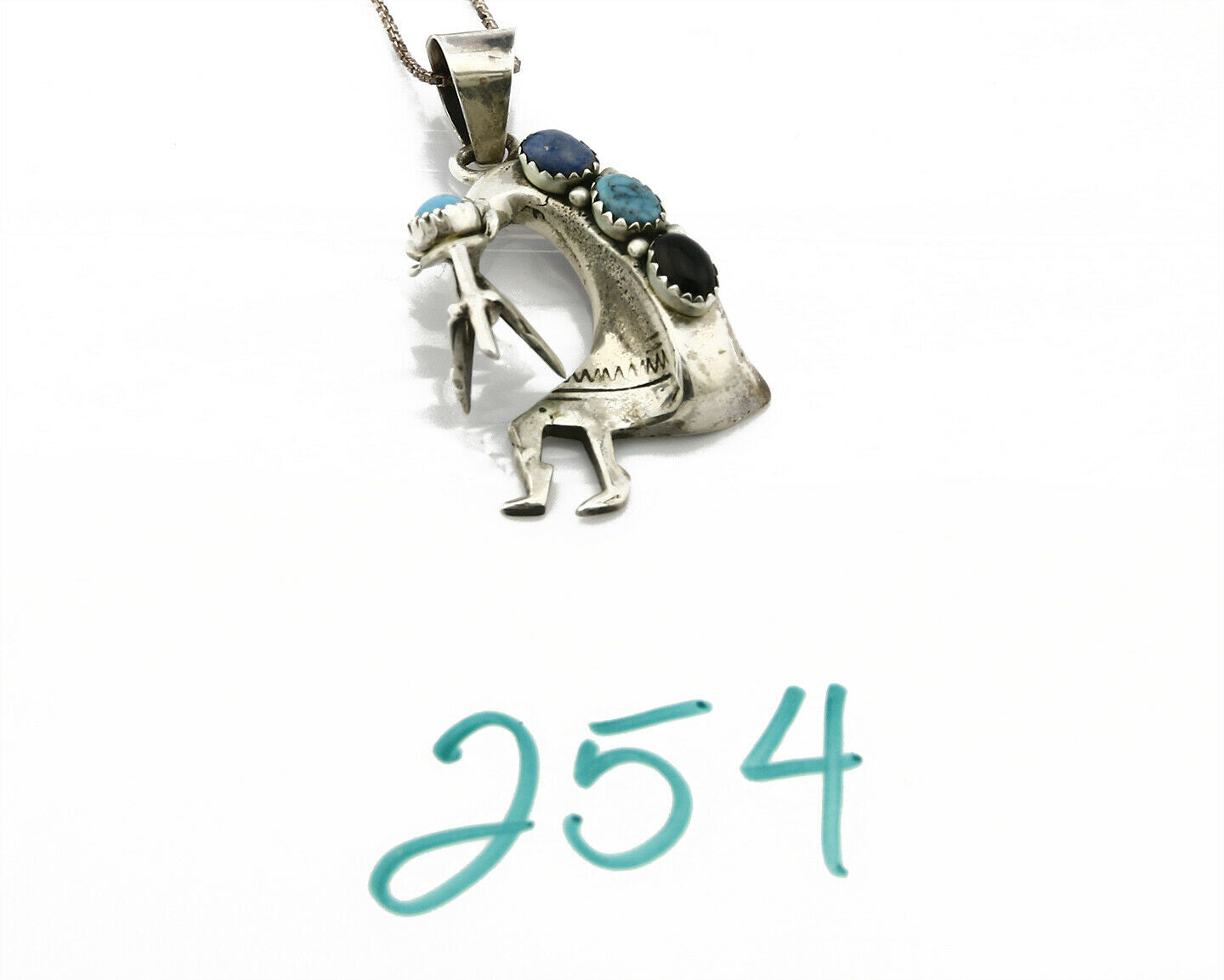 C.1980's Navajo Signed SM Natural Gemstone .925 Silver Pendant Necklace